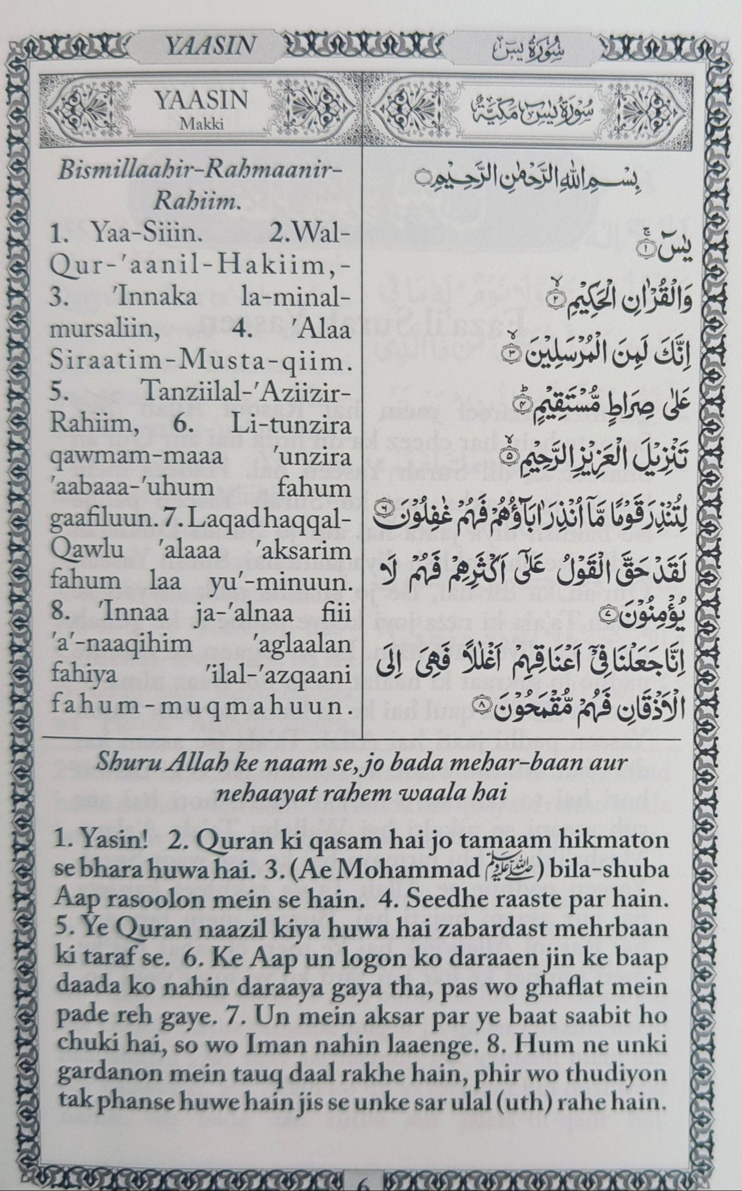 Surah Yasin Urdu Translation in Roman Script with Translitration & Arabic