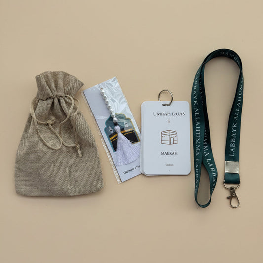 Umrah Duas Cards with White Lanyard, Tasbih & Jute Potli alifthebookstore