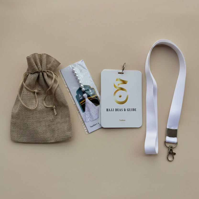 Hajj Duas & Guide with White Lanyard, Tasbih & Jute Potli alifthebookstore