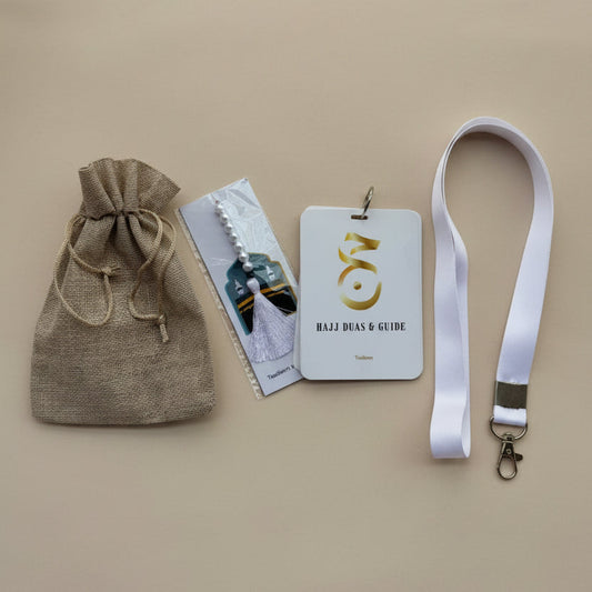 Hajj Duas & Guide with White Lanyard, Tasbih & Jute Potli alifthebookstore
