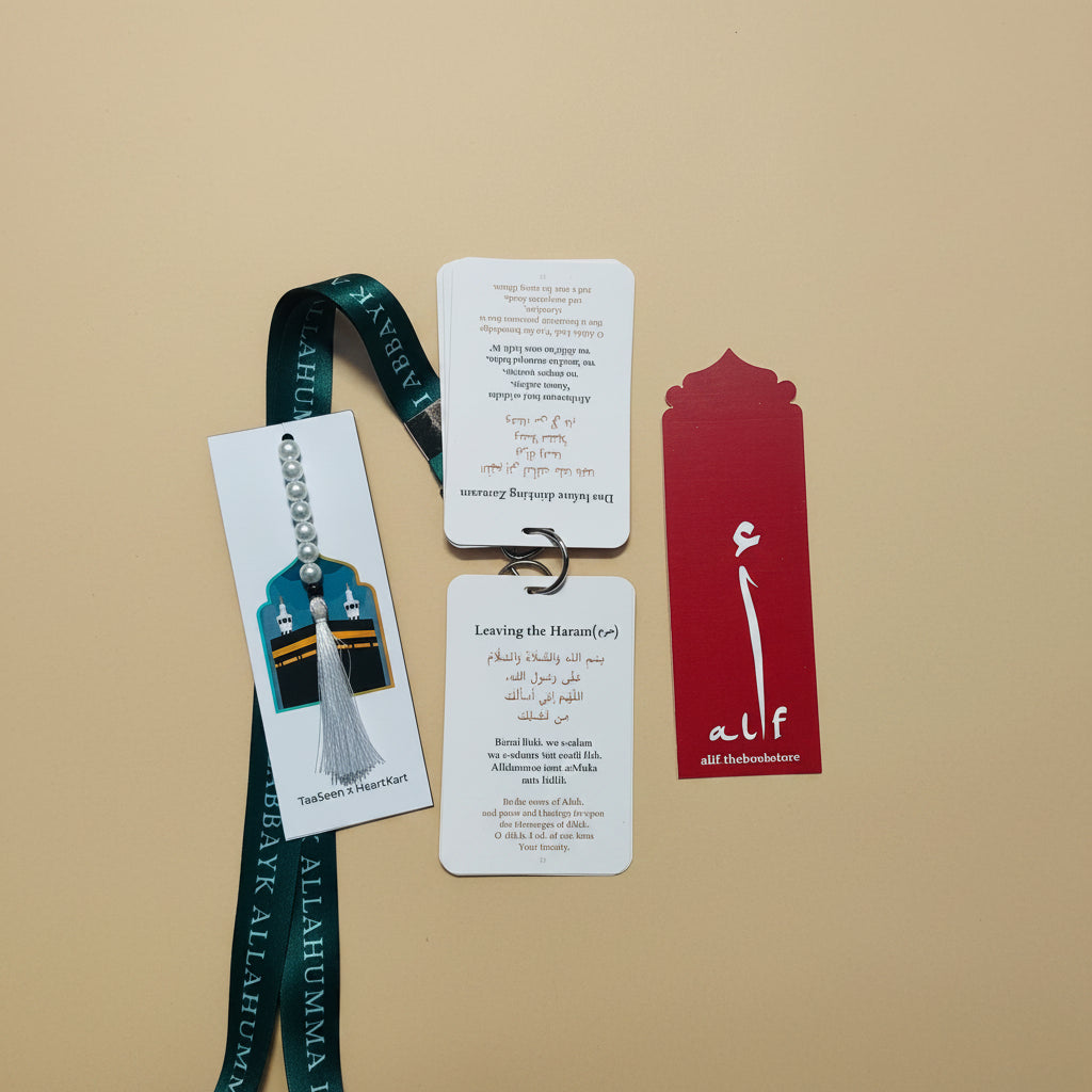 Umrah Duas Cards with White Lanyard, Tasbih & Jute Potli alifthebookstore
