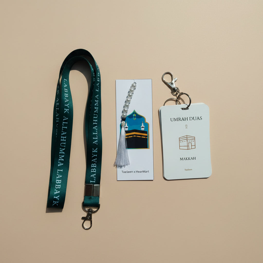 Umrah Duas Cards with White Lanyard, Tasbih & Jute Potli alifthebookstore