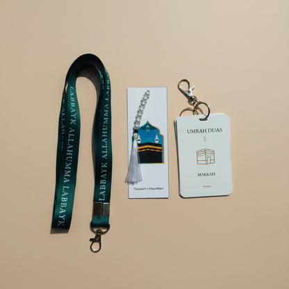 Umrah Duas Cards with White Lanyard, Tasbih & Jute Potli alifthebookstore