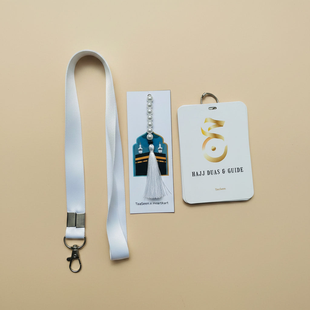 Hajj Duas & Guide with White Lanyard, Tasbih & Jute Potli alifthebookstore